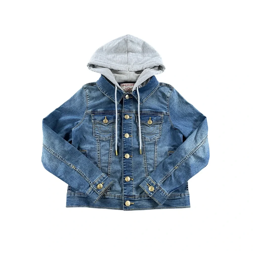True Religion Mens Medium Blue Denim Hooded Trucker Jacket Jersey Hood Wash